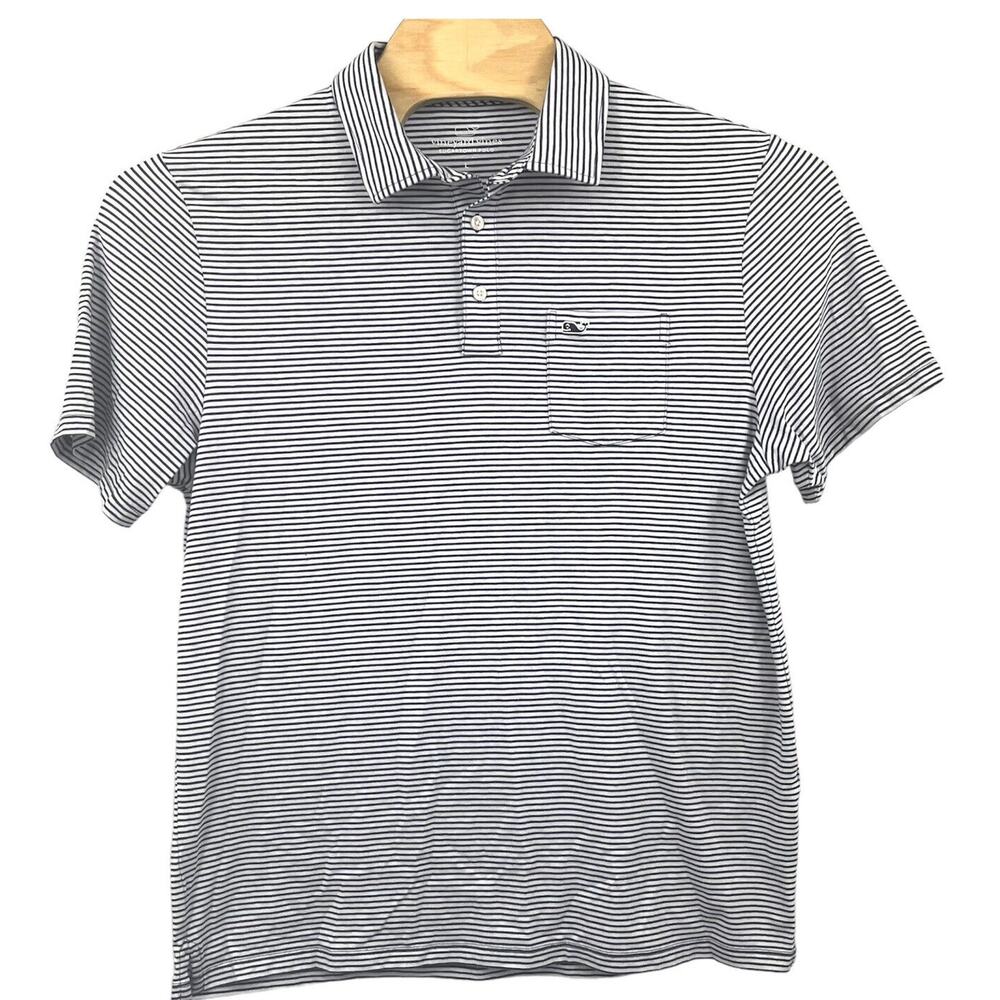 Vineyard Vines Edgartown Polo Large Navy White Stripe Pima Cotton Blend
